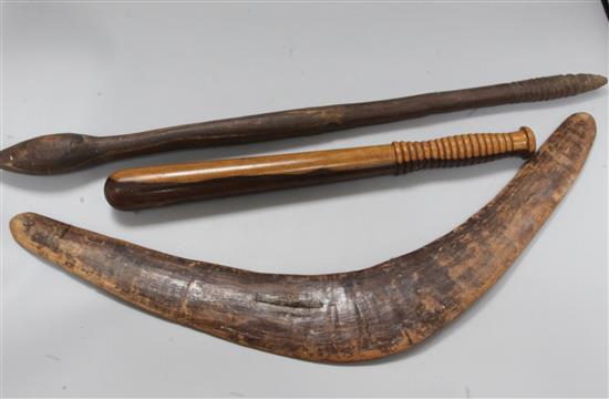 A tribal club, a boomerang and a truncheon, club length 63cm
